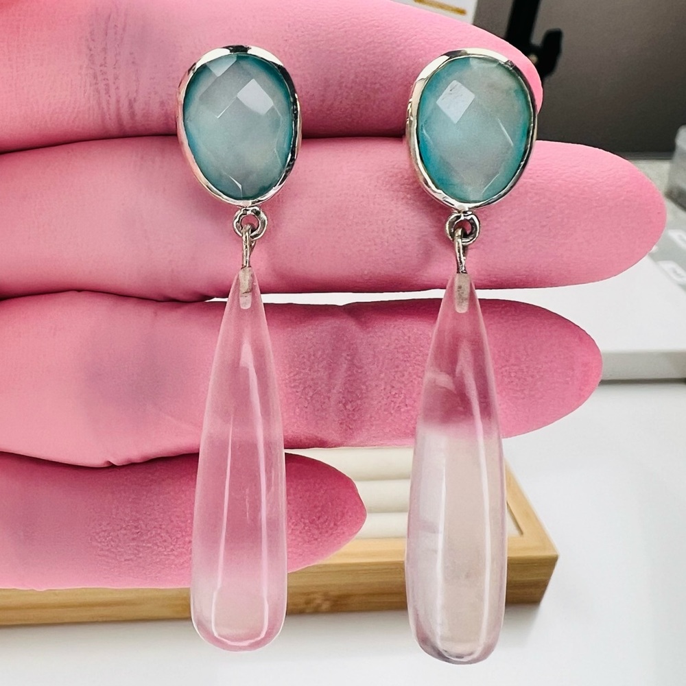 Vintage Real Blue Chalcedony and Pink Quartz Drop Earrings in Sterling Silver